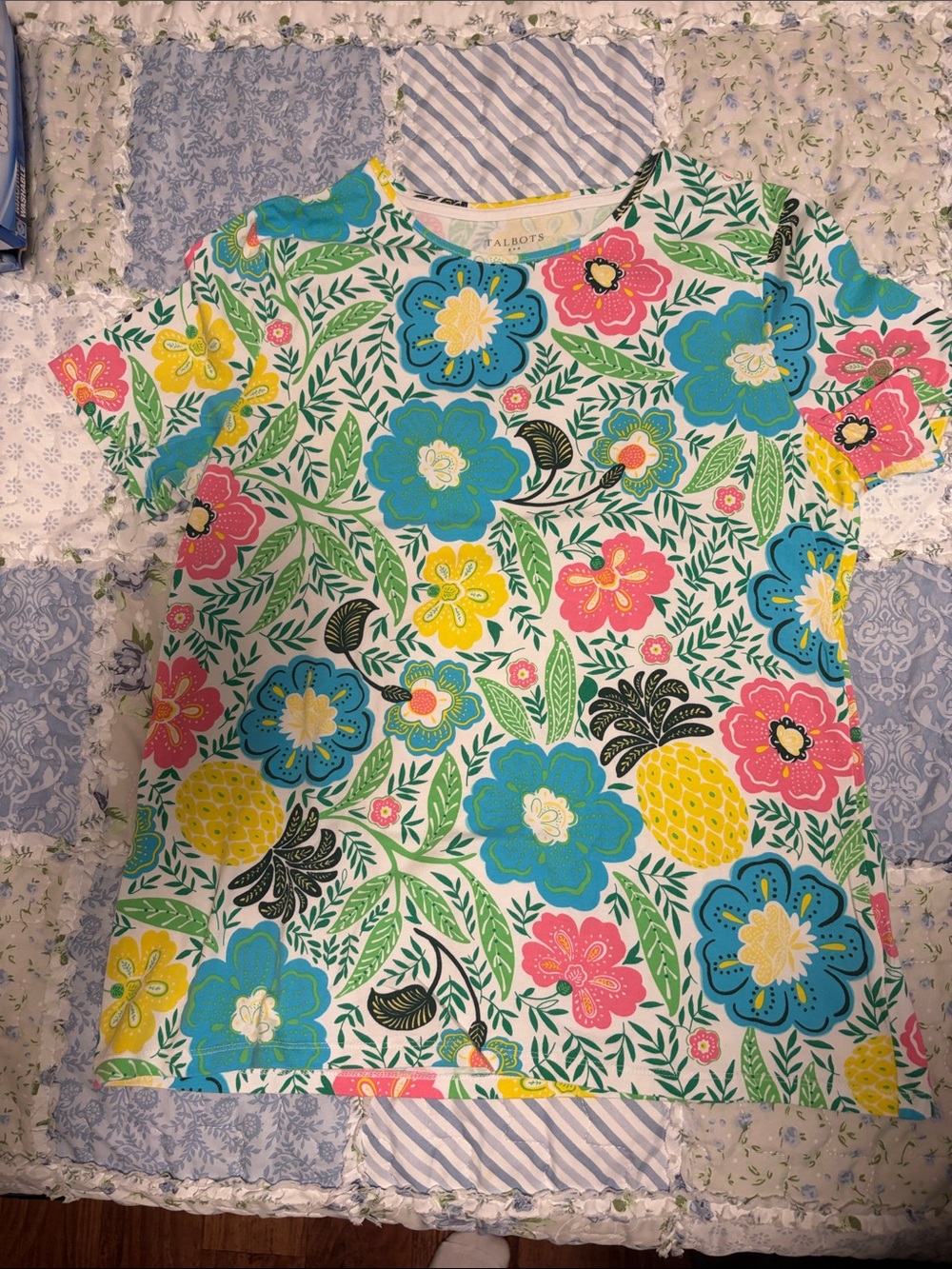 Talbots White Tee with Blue, Pink & Yellow Floral Pineapple Print